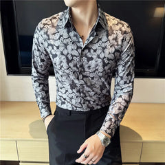 Hehope Mens Printed Shirt Autumn New Long Sleeved Elastic Slim Fit Camisas Club/Prom Tuxedo Dress Shirt Tops Casual Men Clothing