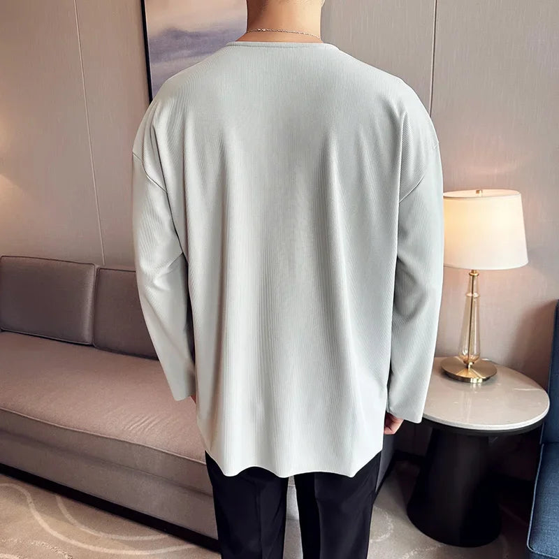 Hehope Men Long Sleeved T Shirt Solid Color V Neck Long Sleeve Thin Loose Casual Black T Shirt Streetwear Fashion Men Clothing