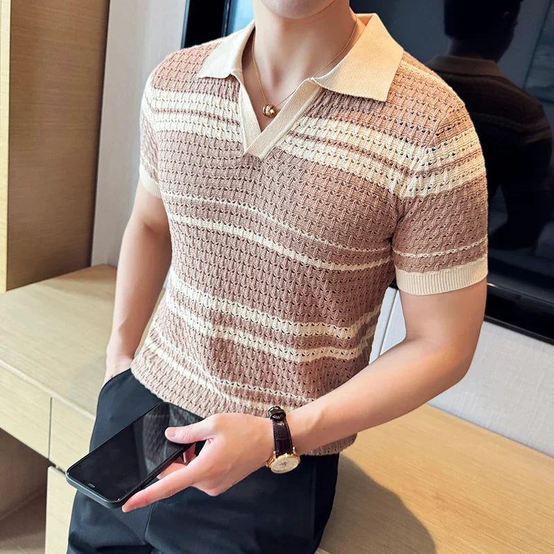 Hehope Men Knitted Polo Shirt 2024 Summer New Thin Striped Jacquard Patchwork Color Short Sleeved Casual V-neck T-shirt Men Clothing