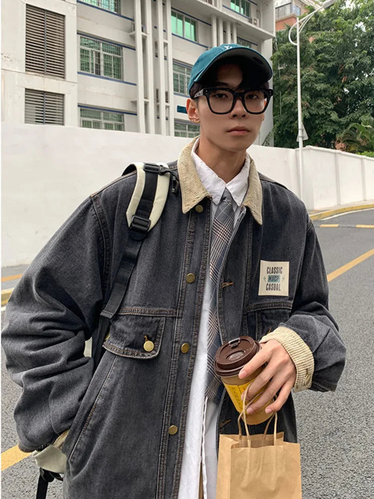 Hehope Japan Retro Lapel Denim Jacket Cityboys Punk Loose Jacket Autumn Hong Kong Style Hip Hop Handsome Stitching Jeans Coat