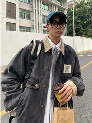 Hehope Japan Retro Lapel Denim Jacket Cityboys Punk Loose Jacket Autumn Hong Kong Style Hip Hop Handsome Stitching Jeans Coat