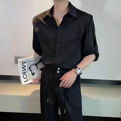 Hehope Summer Ice Silk Men's Suits Casual Short Sleeve Shirt And Pants Two-piece Set Ruffled  Handsome Draped Korean Style Loose Set