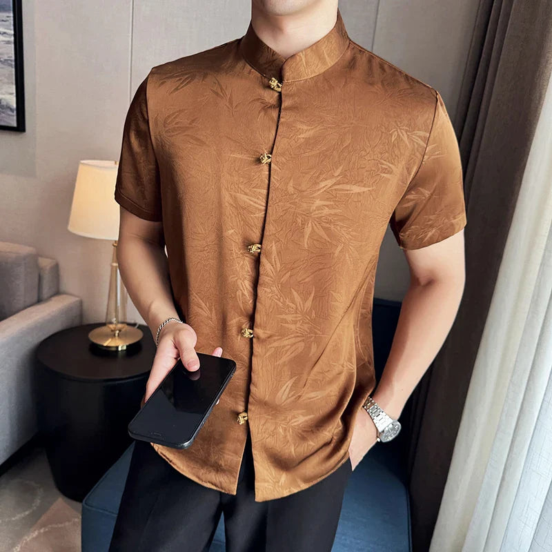 Hehope Stand Up Collar Shirt Short Sleeved 2024 Summer New Light and Thin Chinese Style Tang Dynasty Printed Shirt Casual Men Clothing