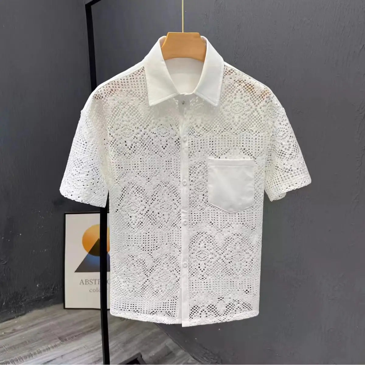 Hehope Summer Fashion Ice Silk Shirts For Men Sexy Lace Breathable Hollow Out Tops Turn-down Collar Pocket Short Sleeved Shirt Male