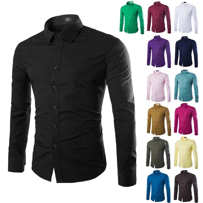 Hehope 14 Colors Solid Color Men's Fashionable Candy Color Shirt Men's Casual Long Sleeve Shirt for Men