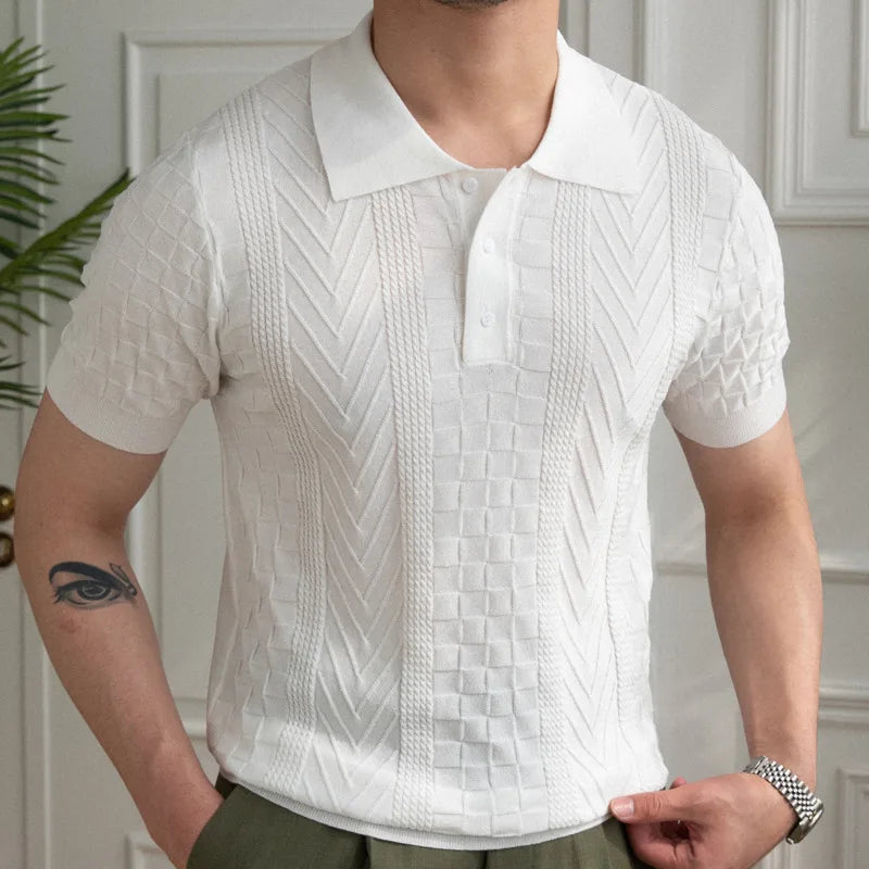 Hehope Summer Jacquard Pattern Lapel Neck Men's Solid Color Short-sleeved T-shirt British Slim Lapel Knitted Striped Casual  Polo Shirt