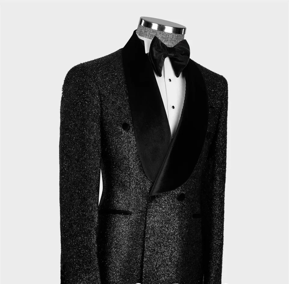 Hehope Men's Suits Tailored 2 Pieces Blazer Pants One Button Wide Velvet Lapel Sequins Formal Work Wear Plus Size Tuxedo Custom Made