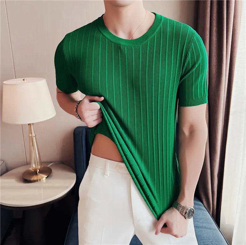 Hehope Men Short Sleeve T-Shirt Knitted Pullover 2024 Summer High Elastic Solid Casual Stripe Slim Fit Half High Collar Knit Sweater