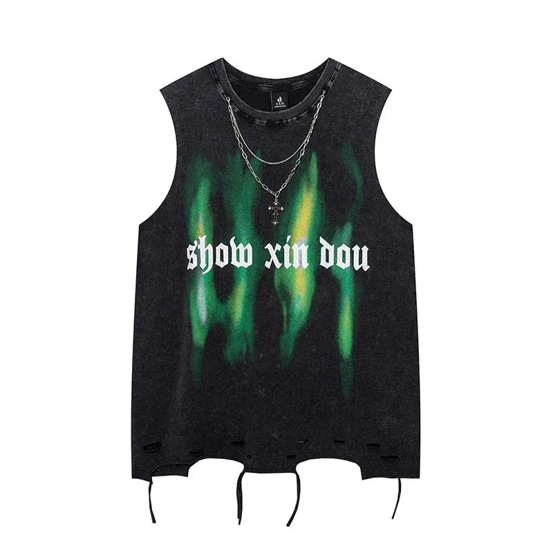 Hehope New Summer Retro Necklace Washed Vest Men's Streetwear Oversized Trendy Hole Sleeveless T-shirt Women Hip Hop Casual Tank Top