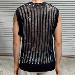 Hehope Hip Hop Mens Slim Tank Tops Knitted Crew Neck Sleeveless Casual Camisoles 2024 Summer Sexy Hollow Out See Through Knitting Vest