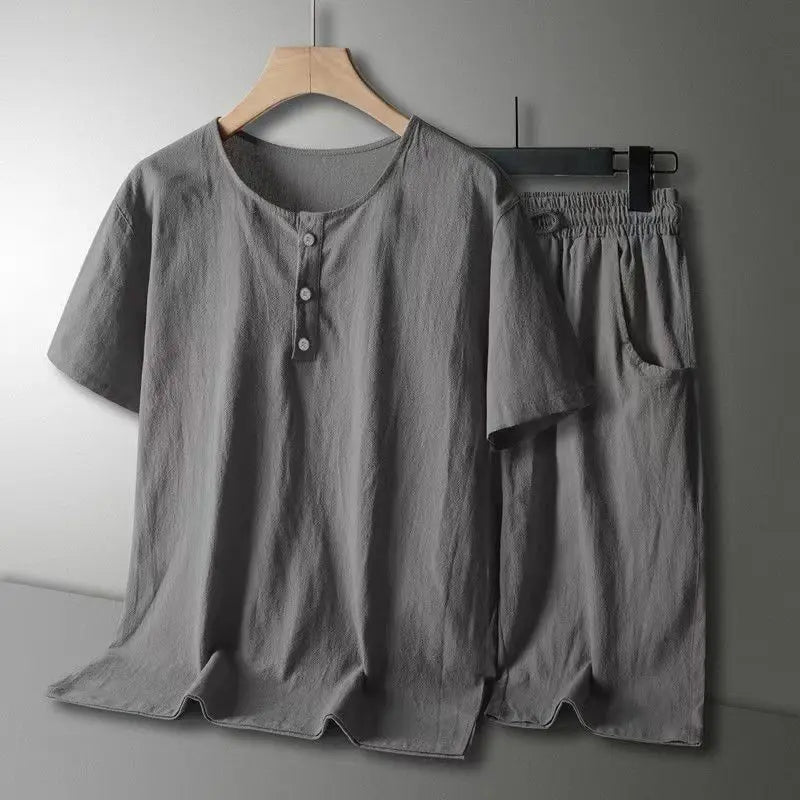 Hehope Spring Summer New Linen Suit Men's Short Sleeve T-shirts Shorts Men's Casual Clothing Chinese Cotton Linen Two-piece Set