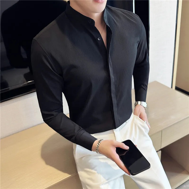 Hehope Brand New Fashion Stand Collar Solid Slim Fit Shirts Mens Casual Luxury Long Sleeve Party Wedding Business Dress Shirts