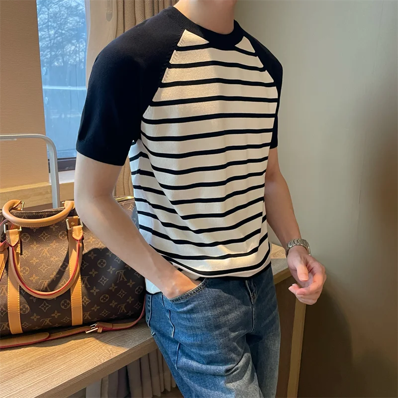 Hehope Short Sleeve Comfortable T-Shirts Striped Pullovers Straight Round Neck Temperament Handsome Office Spring Autumn Men's Clothing