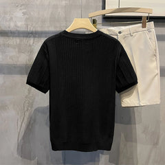 Hehope 2024 Spring Summer Casual Knitwear Men Short Sleeve O-Neck Knitted T Shirts Fashion Striped Crochet Slim Stretch Knit Pullovers