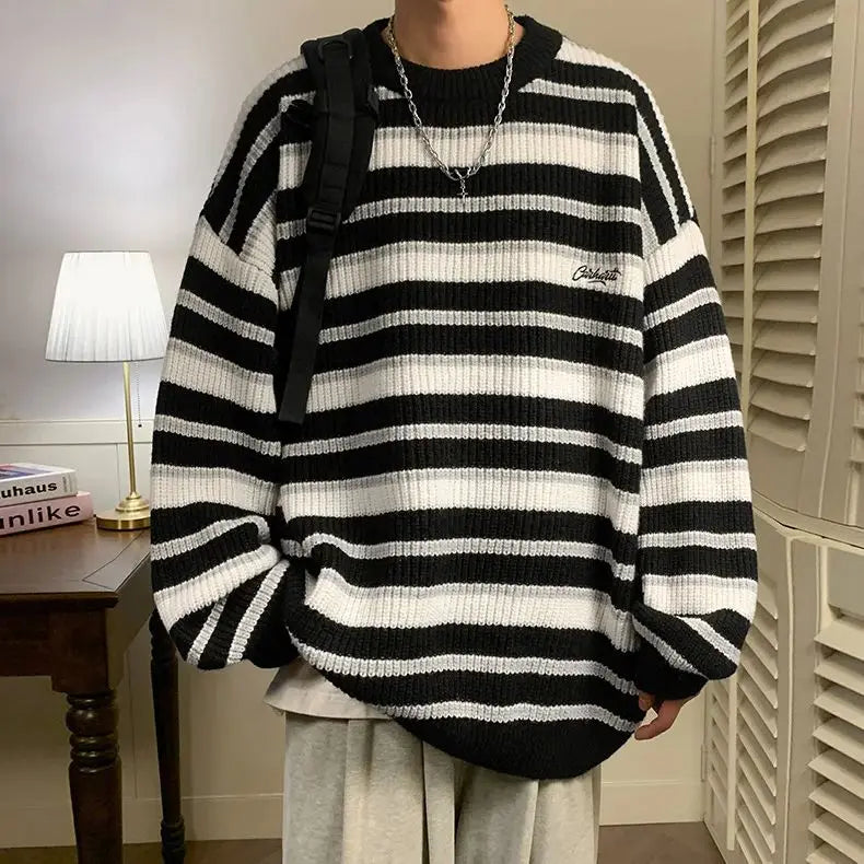 Hehope Lazy Retro Striped Sweater Men Women Autumn Winter Thick Knit Casual Embroidered Knit Pullover Sweater Jacket Couple