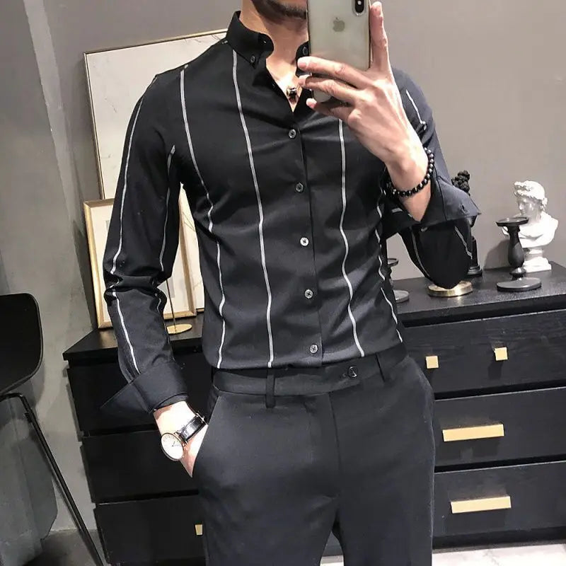 Hehope Korean Version Men's Commuter Top Spring and Autumn New Fashion Stripe Print Lapel Splice Button Business Casual Versatile Shirt