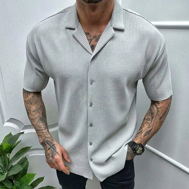 Hehope Street Trend Summer Solid Cardigan Short Sleeved Men's Stand Collar Button Patchwork Casual American Fashion Versatile Thin Tops