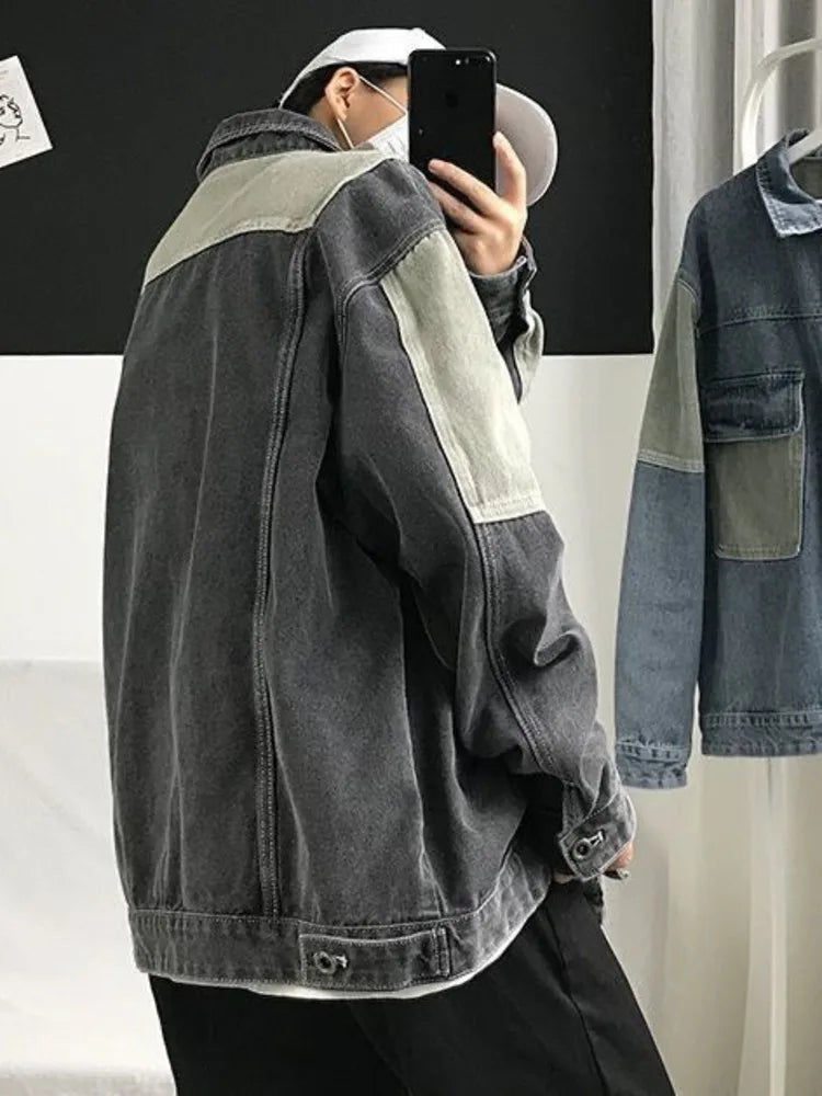 Hehope Patchwork Denim Jacket Men Korean Version Trend Versatile Loose Handsome Workwear Casual Autumn Tide Coat Men Clothing Outwear