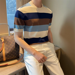 Hehope Korean Style Summer Short Sleeve Patchwork Striped Knit T-shirt Mens Round Neck Slim Fit Casual High-quality Knitted T Shirt