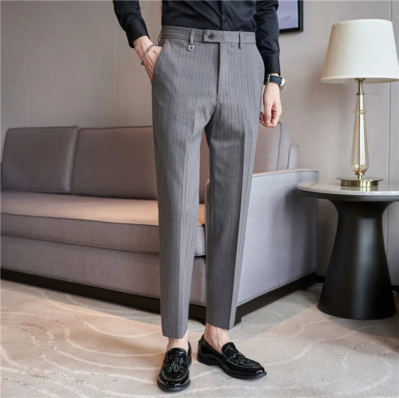 Hehope Men Striped Suit Pants Autumn New Casual Straight Formal Dress Trousers Slim Fit Pantalon Homme Wedding Party Men Clothing