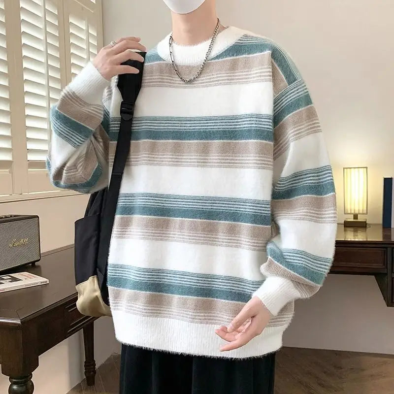 Hehope Autumn Winter New Fashion Round Neck Long Sleeve Striped Pullovers Men's Clothing Casual Loose Korean All-match Knitting Tops