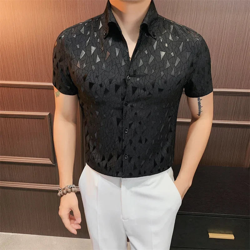 Hehope Summer Printed Shirt for Men Short Sleeved Casual Business Dress Shirts Big Lapel Social Party Tuxedo Blouse Male Clothing M-4XL