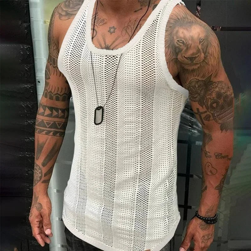 Hehope Fitness Basketball Sportswear Summer Men's Clothing Men's Vest Cool Breathable Cutout Vest Top Mesh Cutout Sleeveless T-shirt