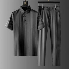 Hehope New Short-sleeve Thin Stripe Shirt + Trousers Two-piece Suit Mens Short Sets Business Casual Outfits Men Summer Luxury Clothing