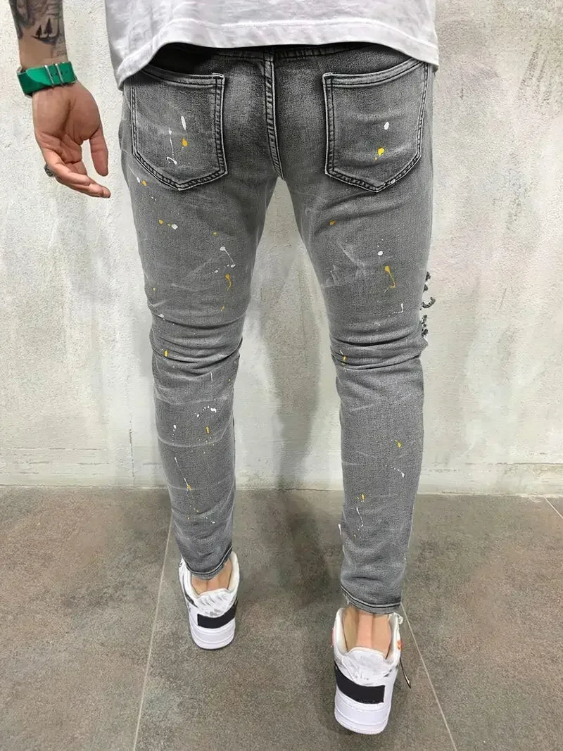 Hehope Men's Casual Creative Street Style High Stretch Paint Splatter Ripped Design Slim Fit Jeans Denim Pants For Spring Summer