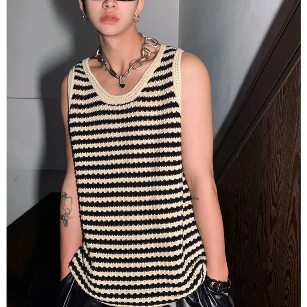 Hehope Summer New Niche Knitted Hollow Striped Vest Men Spaghetti Straps O-Neck Casual Loose Retro Couple Knit Sweater Vest