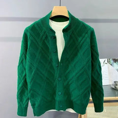 Hehope Knit Sweater Male Solid Color Cardigan Collared Men's Clothing Argyle Plaid Green Plain Cotton Korean Fashion Sweat-shirt Cheap