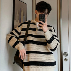 Hehope Autumn Winter Fashion Turn-down Collar Long Sleeve Half Zipper Pullovers Men's Clothing Casual Korean Hollow Out Knitting Tops