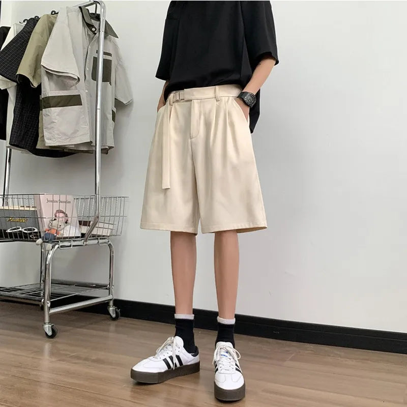 Hehope Korean Style Mens Casual Shorts Ribbons Belt Knee-Length Suit Pant Black Beige Elastic Waist Loose Summer Short Trouser Boy