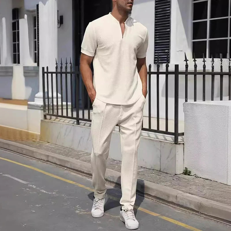 Hehope Spring Summer Casual Short Sleeve Tops Two piece Sets Men Fashion Solid Color T Shirt And Pants Mens Suits Leisure Outfits Male