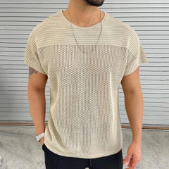 Hehope Knitting Hollow Out Breathable Thin T Shirt Mens Summer Fashion Pure Color Knitted T-shirts Men Casual O Neck Short Sleeve Tops