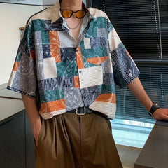 Hehope Summer Retro Artistic Hong Kong Style Casual Loose Oversized Lapel Striped Plaid Print Versatile Short Sleeved Shirt for Men