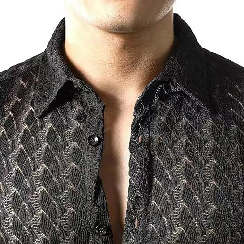 Hehope Fashion Summer New Men's Shirts Hollow-Out Lace Shirt Solid Geometric Patterns Lapel Perspective Short Sleeve Shirt For Male Top