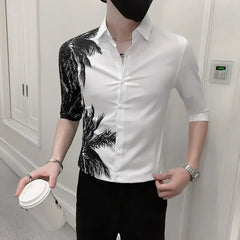 Hehope Handsome Men's Clothing Fashion Thin New Printing Asymmetrical Button Elbow Sleeve Spring Summer Turn-down Collar Man Shirts