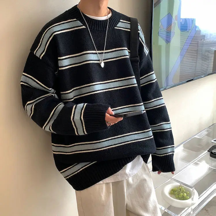 Hehope Oversized Men Striped Sweater Harajuku Japanese Style Autumn New Round Neck Spliced Color Loose Hip Hop Couple Knitted Sweater