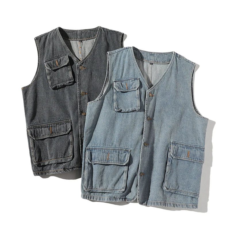 Hehope New Male Denim Waistcoat Veste Homme Men's Denim Vest Casual Slim Sleeveless Jacket Cowboy Vintage Pockets Jeans Vests