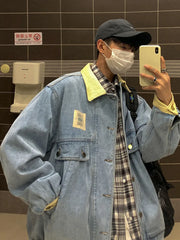 Hehope Japan Retro Lapel Denim Jacket Cityboys Punk Loose Jacket Autumn Hong Kong Style Hip Hop Handsome Stitching Jeans Coat