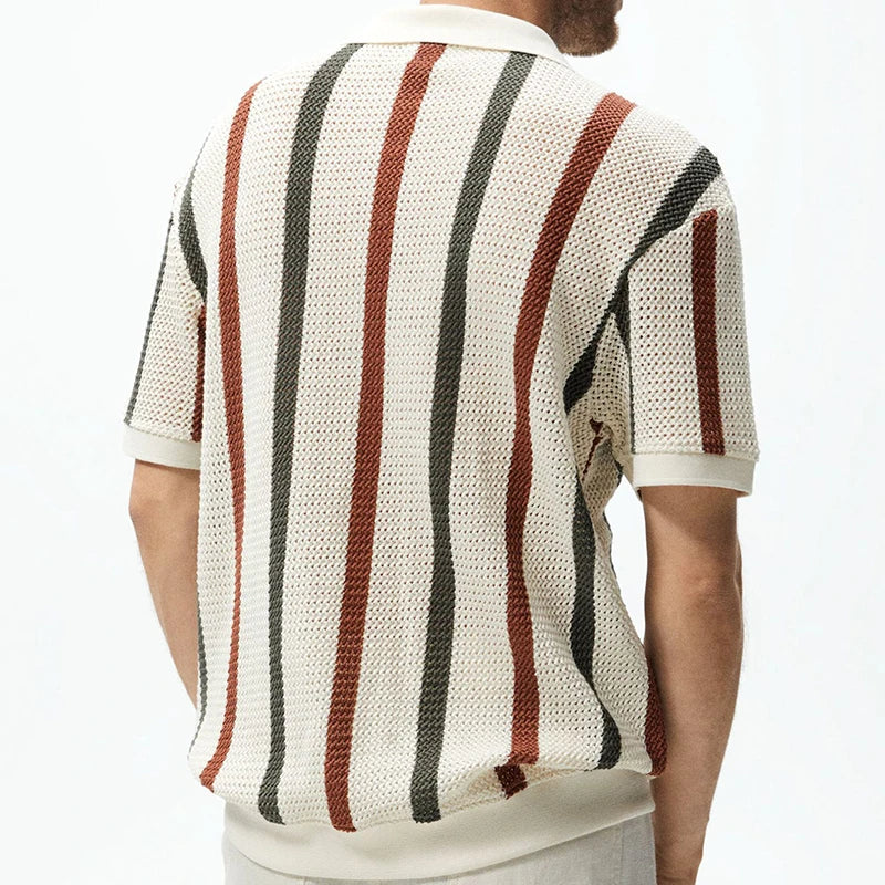 Hehope Leisure Breathable Knitting Pullovers Men New Casual Lapel Short-sleeved Knit Polo Shirt Mens Summer Beach Striped Knitted Tops