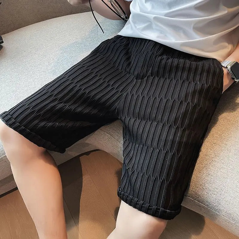 Hehope Fashion Lace Up Pockets Solid Color Casual Shorts Men's Clothing 2024 Summer New Loose Korean Elastic High Waist Shorts