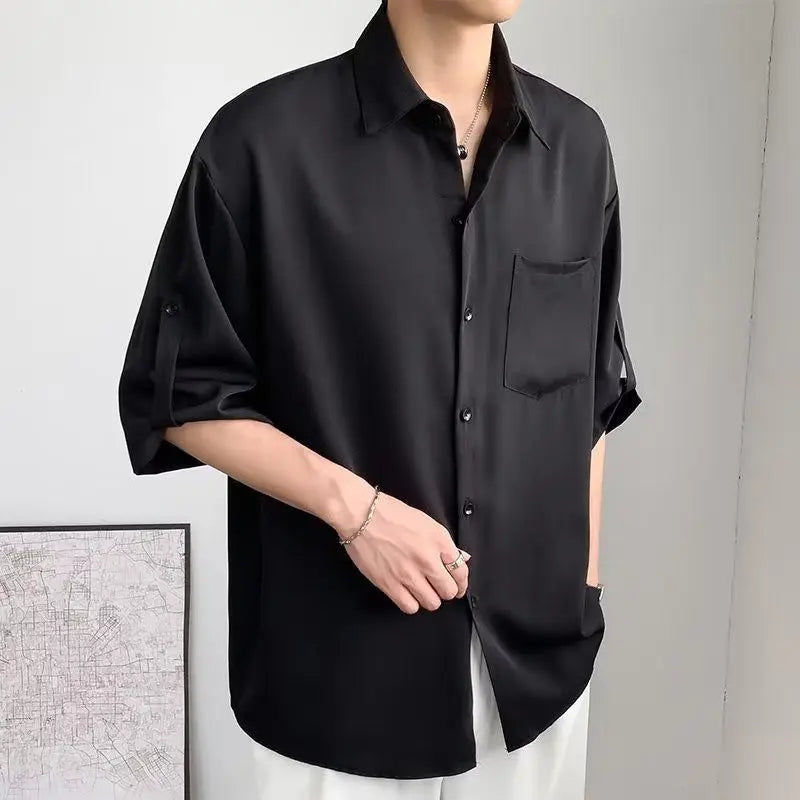 Hehope Solid Color Ice Silk Shirts for Men Short Sleeve Summer Drape Lapel Button Korean Loose Business Casual Top High-end White Shirt