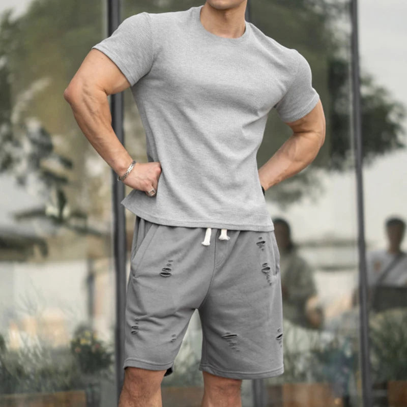 Hehope Sports Fitness Elastic Slim Cotton Tops Men Summer Casual Short-sleeved O Neck T-shirts Mens Clothes Fashion Solid Color T Shirt