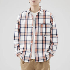 Hehope New retro men's loose shirt spring and summer plaid casual American cargo shirt coat