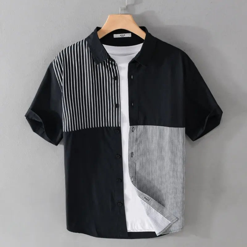 Hehope 2024 Summer Men's New Short Sleeved Trendy Casual Shirt Loose Contrast Stripe Splicing Comfortable and Versatile Shirt Outwear