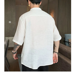 Hehope 2024 Summer New Trendy and Handsome Short Sleeves Thin Simple and Breathable Japanese Men's Pocket Shirt with 5/4 Sleeve Top