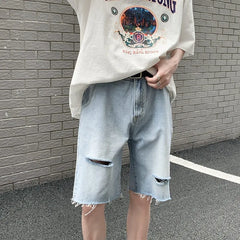 Hehope summer new men's light blue denim shorts simple solid color ripped pants loose casual pants S-2XL