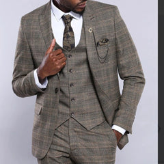 Hehope Brown Plaid New Arrival Men Suit Tailor-Made 3 Pieces Blazer Vest Pants One Button Gentle Wedding Groom Causal Prom Tailored